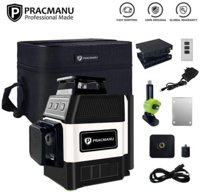 Pracmanu 미니 3D 레이저 레벨 수평 및 수직 크로스 그린 라인 360 ° 셀프 레벨링 레이저 레벨 USB 충전 12 라인, 1개