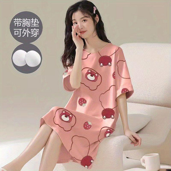 短袖睡裙 附胸墊 寬鬆可愛卡通睡衣