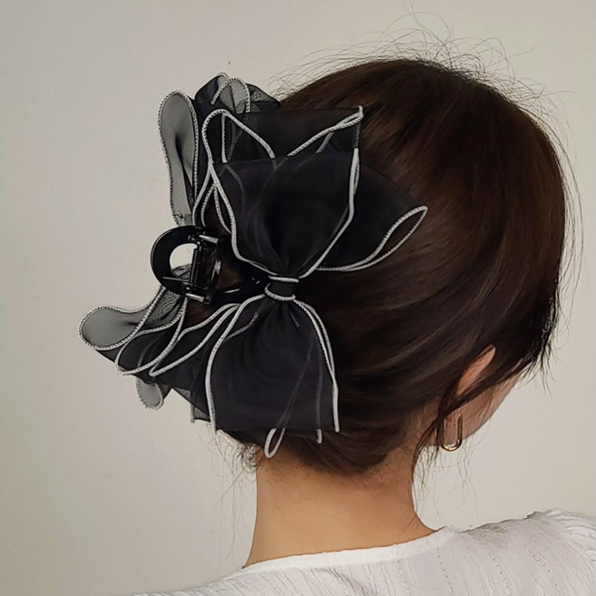 [초콜리트쥬얼리] 실루엣 블랙라인 오간자 시스루 왕리본 올림머리 헤어 집게핀 6컬러