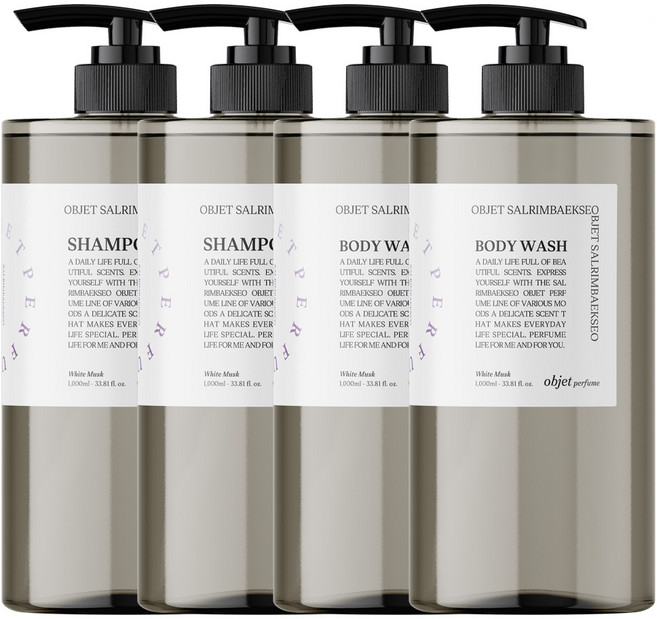 살림백서 약산성 퍼퓸 샴푸 1L 화이트머스크 2개 + 바디워시 1L 2개 화이트머스크 세트 대용량 냄새좋은 두피 지성, 4개