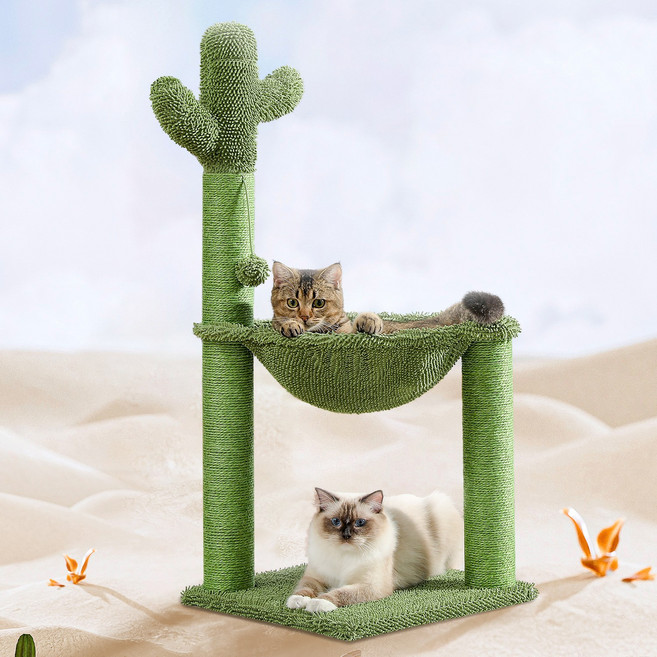 PAWZ Road 3단 선인장 조형 소형 미니 캣타워 수직 스크래쳐 기둥+해멱+폼폼볼 장난감, 1개, 그린 기본