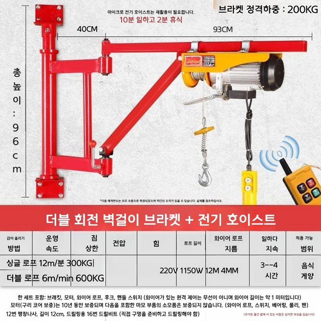 미니크레인 호이스트 기중기 벽설치 무선 원격제어 이동식, N.12m로프1150W원격, 1개