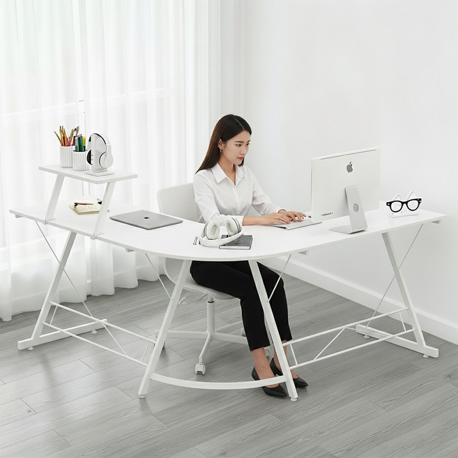 하루꿈 컴퓨터 책상 1인용 게이밍 사무용 코너 L자형 학생 책상 다용도 서재 거실 재택근무 테이블, 화이트