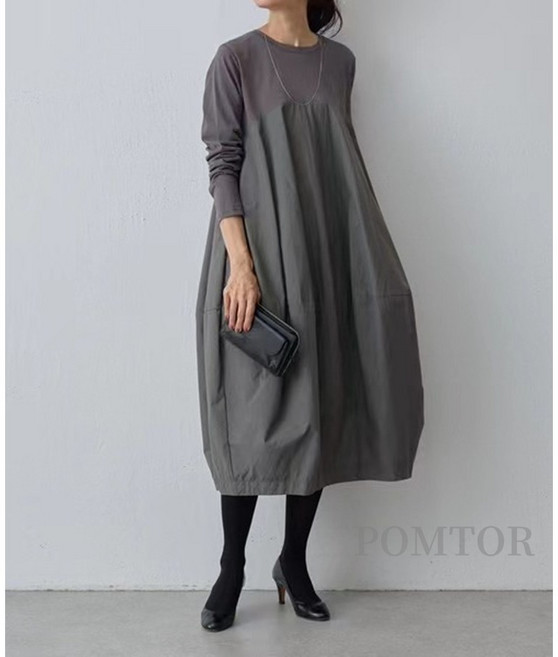 POMTOR 여성 봄 가을 루즈핏 고급진 롱 원피스