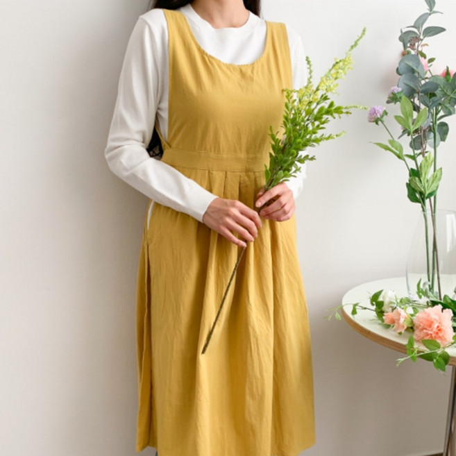 린넨 장금이 원피스앞치마 예쁜에이프런 옆트임 카페 바레스타 꽃집 어린이집선생님 롱앞치마 공방 윤스테이 한복 제인파커, 머스타드, 1개