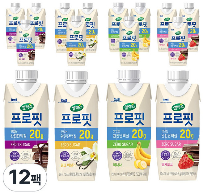 셀렉스 프로핏 (모카초콜릿 3팩+밀크바닐라 3팩+바나나 3팩+딸기초코3팩), 12개, 250ml