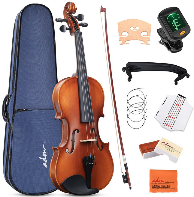 ADM 바이올린 4/4 풀사이즈 세트 초보자 풀패키지 (케이스 포함), 매트 브라운, 1개