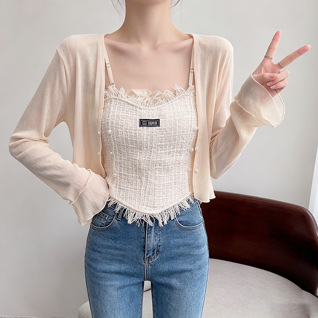 FANSYLI 여성 봄 여름 얇은 아이스실크 가디건 숏 브이넥 쉬폰 가디건 진주 버튼 레이어드 데일리 아우터 에어컨룩 X2604A16