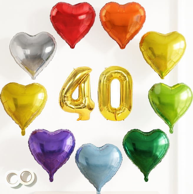 파파 파티 숫자풍선 골드 소형 숫자 풍선 하트 풍선끈 세트 포토월, 1세트, 레인보우 하트9종 +40