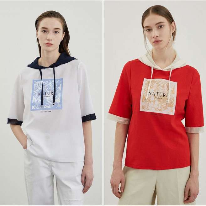 올리비아로렌 매쉬 후드 배색 반팔 티셔츠 VVCAS4M3471