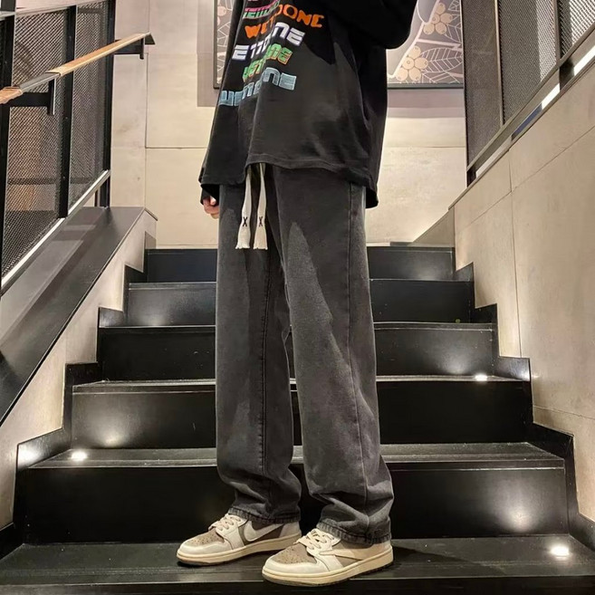 刷毛加絨牛仔褲，冬季保暖丹寧褲，寬鬆直筒休閒長褲，港風闊腿褲