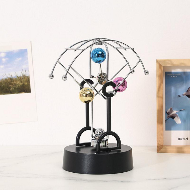 인테리어용 진자운동 키네틱아트 멍때리기 모빌 해소 실버 전자빔 작은 스탠딩 인테리어, 3볼 컬러 [배터리]