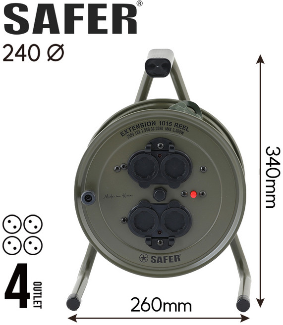 세이퍼 캡형 1015 2구 4구 릴선 차단기 전기 리드선 전기선 작업선 연장선 전선릴, 1개, [카키 4구], 10m