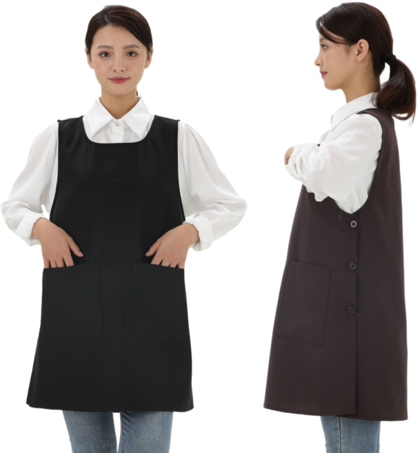 구김없는 포그니 투포켓 원피스형 앞치마, 1개, 블랙 특대