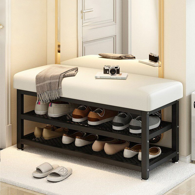 Takata 슬림 신발장 슈벤치 쿠션형 현관 신발정리대 수납 좁은 현관 신발 갈아신기 벤치, 2단, 블랙 프레임 + 화이트 좌석