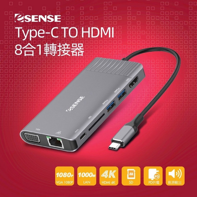 Esense Type-C 轉 HDMI 8合1 轉接器 擴展塢 (01-ECH752), 1個