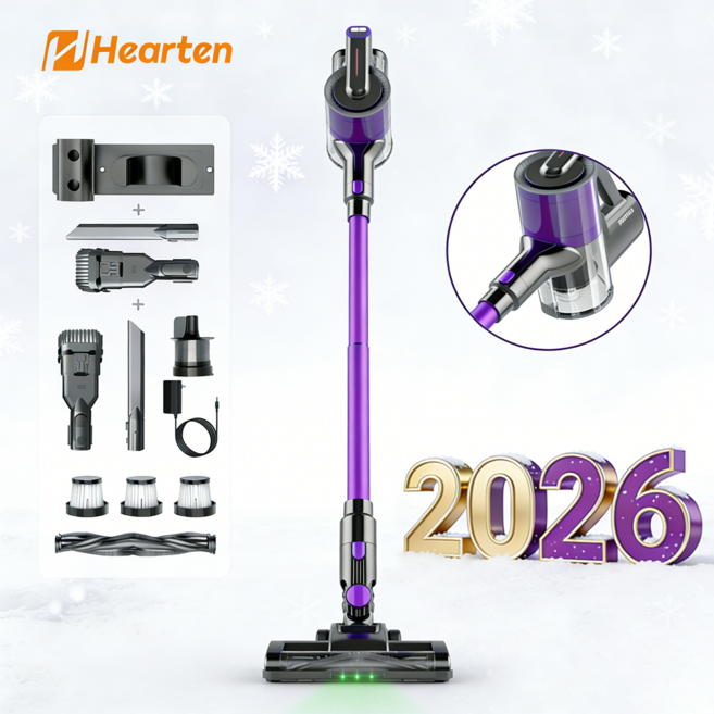 [ 새해 ]Hearten 무선 청소기 다용도 25000pa+고급 HEPA+ LED+디지털 디스플레이+6in1;+자유 조절; 저소음 최신 원룸/차량용/애완동물 휴대용 청소기, Purple