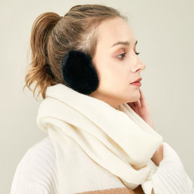 예삐스토어 분리형 귀마개 페이크 퍼 끈없는 귀마개 똑딱이 토끼털 딱풀이, 1개, 블랙