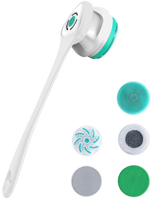Pealy 전동 몸 브러쉬 마사지 클렌징 2 in 1 360도 자동 회전 IP67방수 브러쉬 3단 강도 40cm 긴 손잡이 탈부착 가능, 화이트, 5개