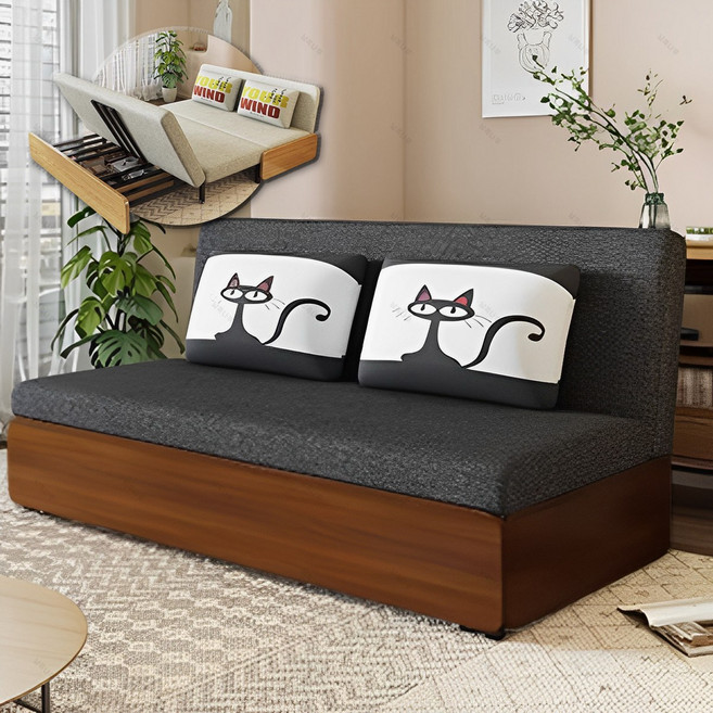 접이식 확장형 소파 침대 1/2/3인용 쇼파베드 겸용 거실 침대, 호두색+진회색(마직 원단)/수납장포함, 100CM