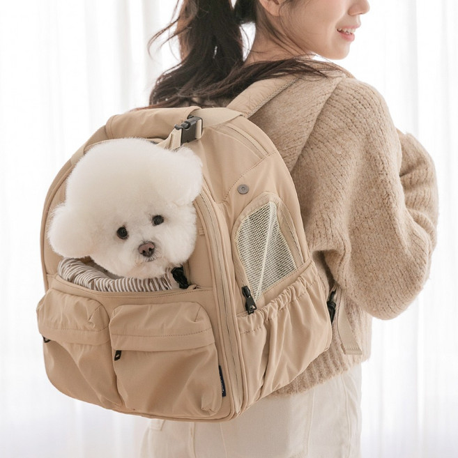 펫츠랜드 몽드 강아지 고양이 백팩 이동가방 캐리어 +이너쿠션 세트, 베이지 M + 이너쿠션세트, 1개