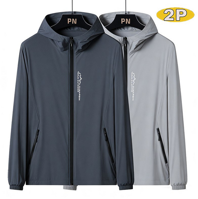 1+1 남성용 쿨 냉감 후드 집업자켓 루즈핏 자외선차단 점퍼 재킷 데일리룩, 딥그레이+블루