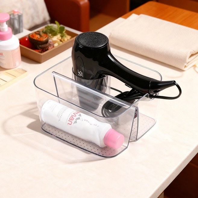 드라이기 홀 포함 칸막이 미끄 럼방지 정리함 수납함, 투명, 1개