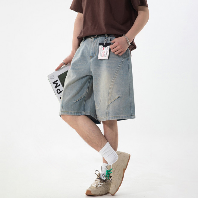 남성 여름 워싱 빈티지 루즈핏 5부 데님 반바지 캐주얼 팬츠