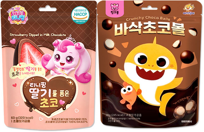 티니핑 딸기를 품은 초코 60g + 핑크퐁 바삭 초코볼 48g 세트, 1세트, 108g, 티니핑 딸기를 품은 초코+핑크퐁 바삭 초코볼
