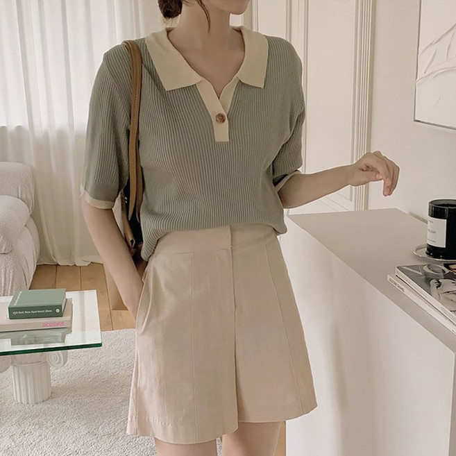 AURALA 여성 여름 카라넥 반팔 니트 캐주얼 데일리룩 니트 반팔티