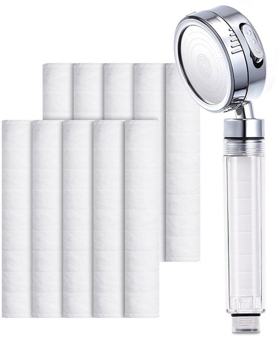 하비비 필터샤워기 3단 조절 절수 수압상승 샤워기 헤드 + 리필 10개 세트, 실버, 1세트