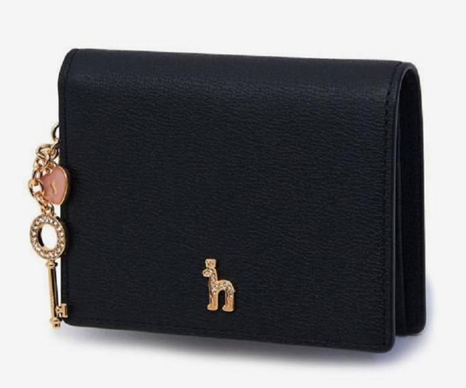 헤지스 블랙 가죽 큐빅 퍼피로고 참장식 반지갑