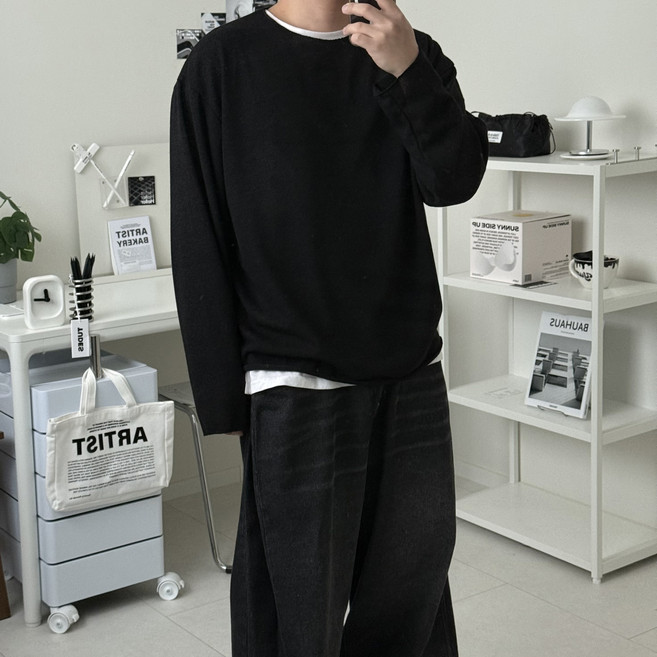 르위 라운드 오버핏 니트 긴팔 쭉티 루즈핏 남녀공용 빅사이즈 티셔츠 스웨터