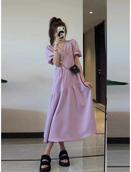 小蘭優購 洋裝連衣裙 韓系女團風 溫柔收腰褶皺短裙, 紫