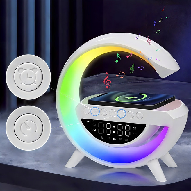 SMABAT 휴대폰 무선 충전 블루투스 스피커 LED 무드등 탁상 시계 디스플레이 시계 알람, 화이트, 일반