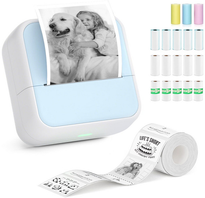 THOUSTA 휴대용 미니 무선 라벨프린터 고화질 블루투스 감열식 가정용 라벨기, 1세트, 블루+프린터 용지*5+라벨지*5+감열지*5+컬러지*3
