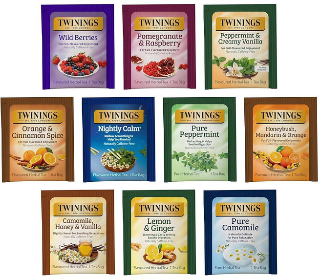 twinings 트와이닝 트윙스 허브 카페인 프리 티백 샘플러 모음 버라이어티 팩 20개 차 애호가를 위한 10가지 맛 그녀 그 여성 남성 커플 가족 친구 동료, 20 Count, 1개