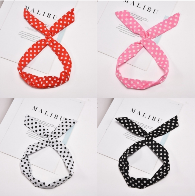 복고 땡땡이 철사 헤어 스카프 핑크 블랙 화이트 레드 혼합, 4개