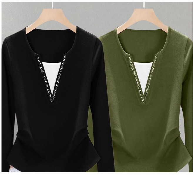 1+1 빅사이즈 중년 여성 긴팔 티셔츠 봄가을 패션 슬림핏 비즈 긴팔티 캐주얼 코디 이너 상의 YHY