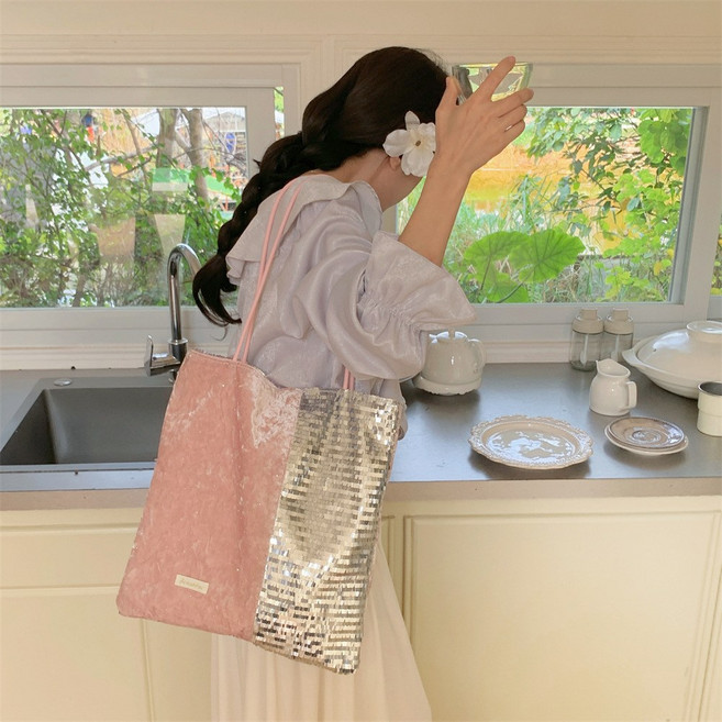 Heyoo 여성 숄더백 에코백 스팽글 데일리백 가볍고 편안한심플 패션 캐쥬얼토트백 크로스백