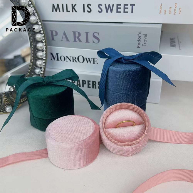 고급 벨벳 원형 리본 반지 케이스 (6x6cm), 핑크, 1개