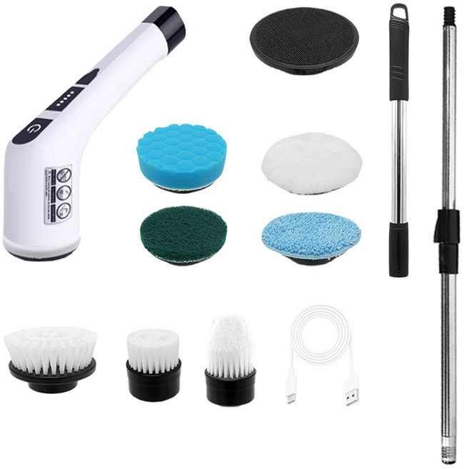 투데이리빙 초강력 모터 전동 청소솔+7가지 브러시+길이 연장봉+브러쉬 연결부+충전 케이블 5종 세트 다용도 욕실 화장실 거실 충전식 무선 청소 도구, 1세트, 화이트