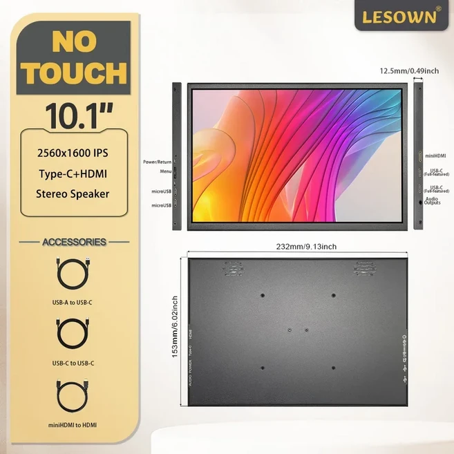 LESOWN USB-C 휴대용 모니터 드로잉 컴퓨터용 소형 디스플레이 와이드 스크린 터치 HDMI 2560x1600 IPS, 01 2.5K No Touch