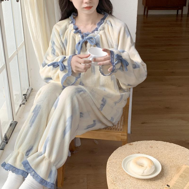 冬季法蘭絨加厚睡衣女長袖 保暖加絨家居服套裝