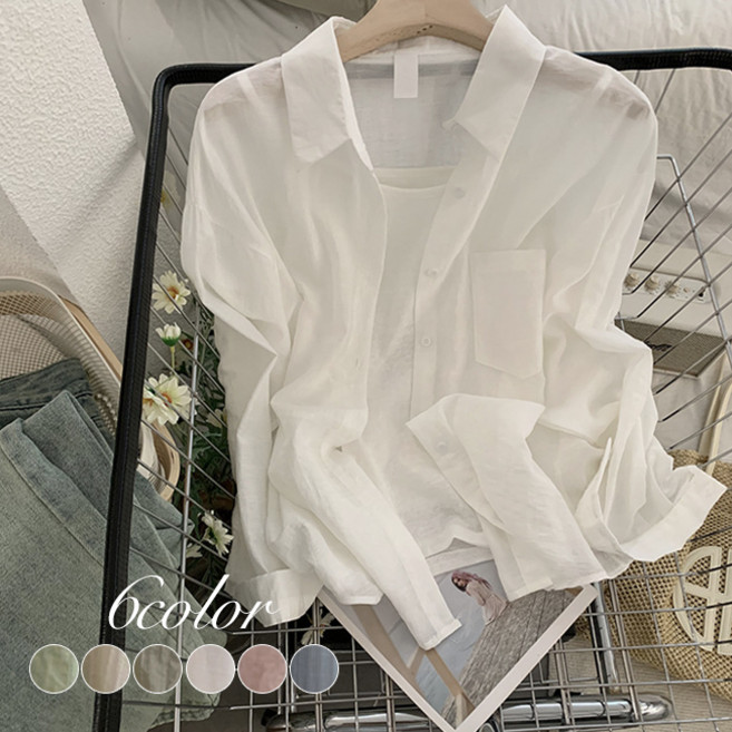 [린넨혼방] 홀리스 시스루 셔츠 / 나시 - 꾸안꾸 코디세트 (살탐방지 수영복 커버업 린넨셔츠 나시), 셔츠-화이트