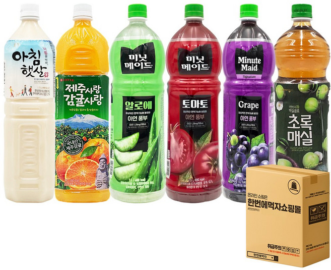 [한번에먹자] 대용량 1.5L 6종 과즙음료 혼합 세트 웅진 아침햇살 + 제주감귤 + 알로에 + 토마토 + 포도 + 초록매실 과즙음료 주스 골라딤기, 1세트