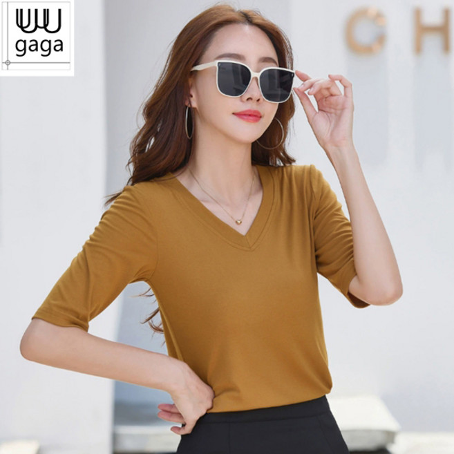 유유가가 여자 슬리브 브이넥 크루넥 베이직 심플한 5부 슬림핏 편안한 반팔티