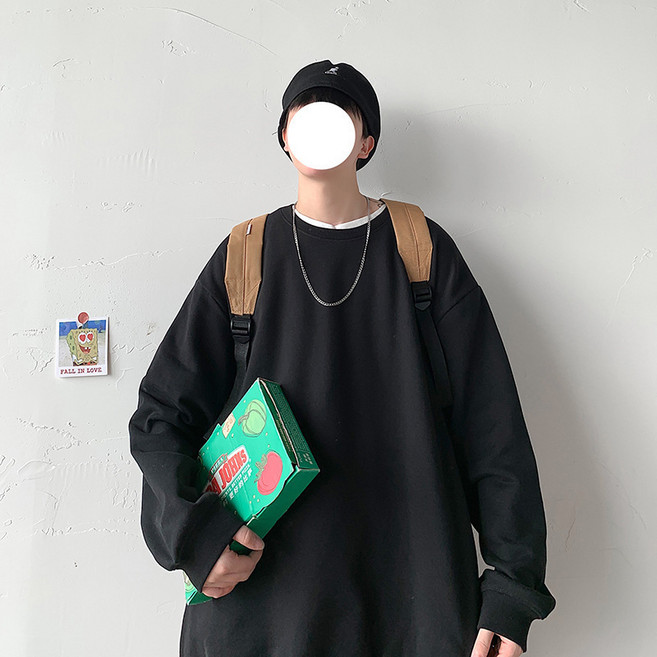 J.Y 寬鬆落肩大學T恤 加絨休閒素色長袖上衣 男女款, 黑色,4XL (版型偏小)