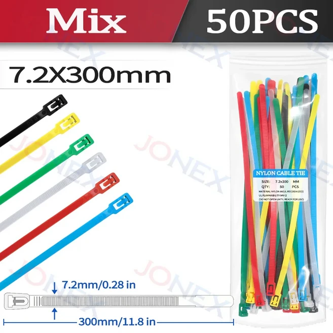 50개 재사용 가능 플라스틱 타이 케이블 지퍼 검정 흰색 자체 잠금 책상 정리용 전선 관리 정원 스트랩 번, 03 7.2x300 Mix-50PCS