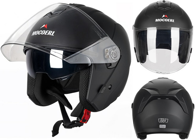 Mocoerl 오토바이 헬멧 썬바이저 내장 유럽ECE인증 KC인증 오픈페이스 초경량 바이크헬멧 3/4, 블랙
